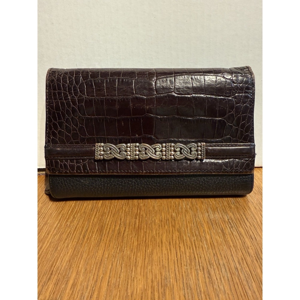 Brighton Leather Organizer‎ Wallet Croc Embossed Brown Trifold Clutch Purse